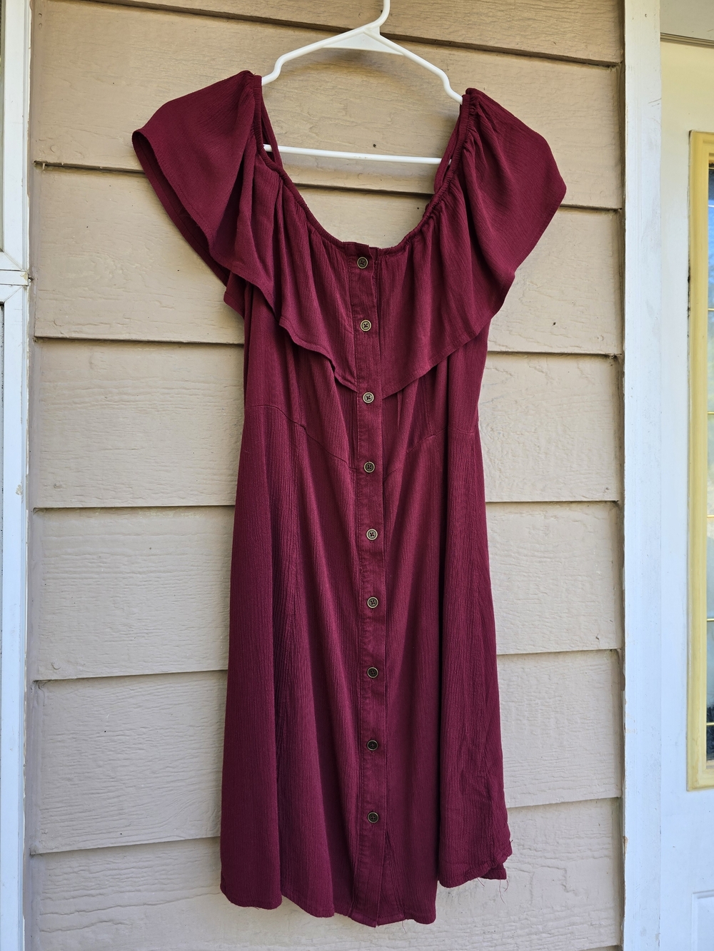 Mossimo Supply Co. Burgundy Ruffle Off-Shoulder Button-Front Dress - M